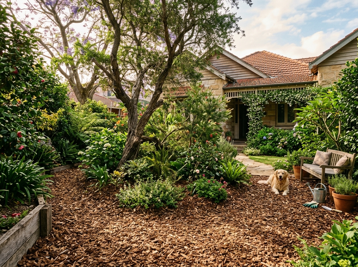 Hardwood chip mulch around garden trees